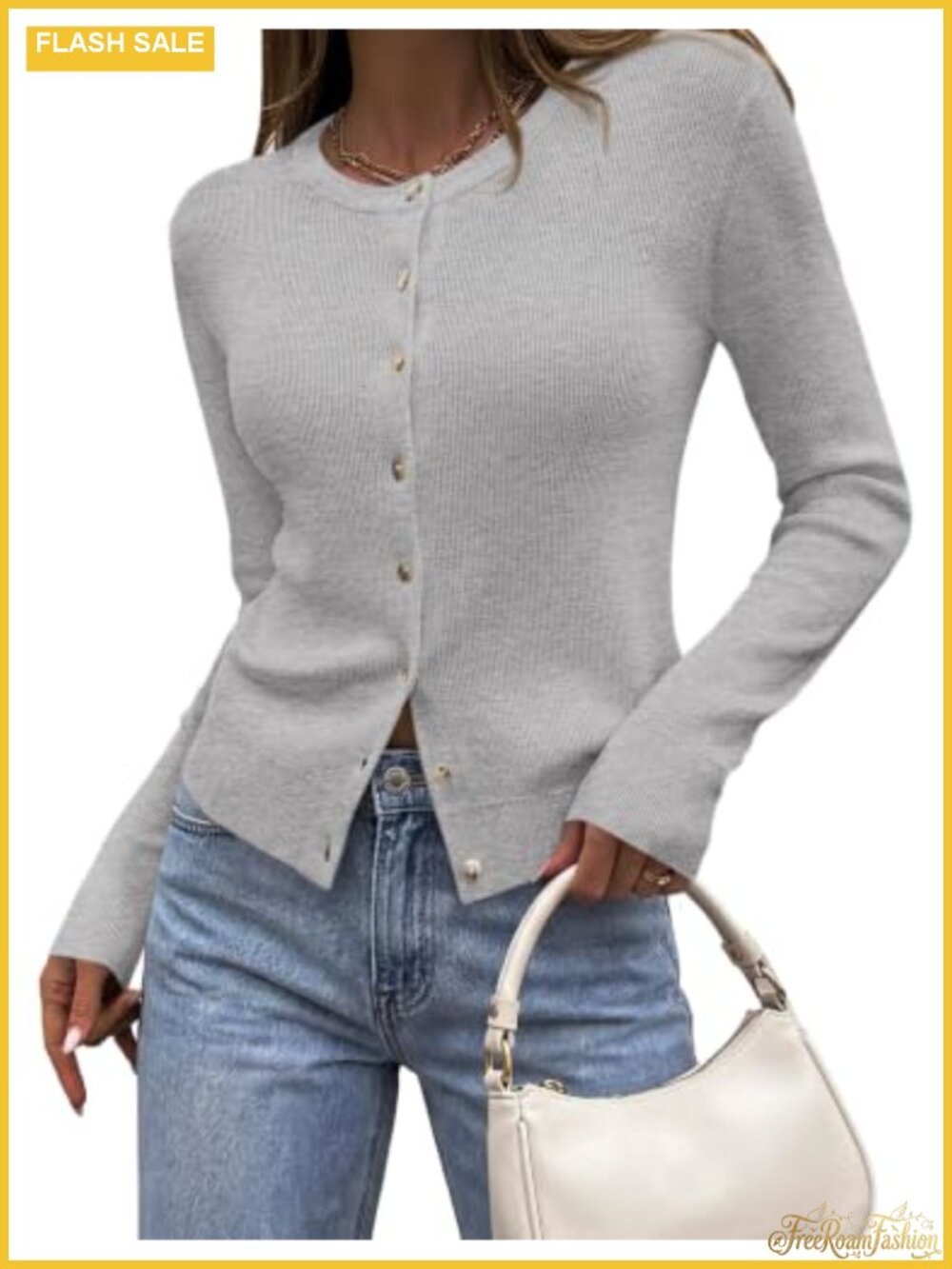 Fitted Cropped Cardigan Button Down Crewneck Knit Women Sweater